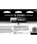 Back view of Alkaline AAA Batteries 24 Count Pack With Power Boost showing 12-year shelf life and packaging details.