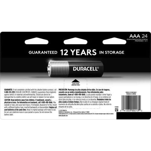 Back view of Alkaline AAA Batteries 24 Count Pack With Power Boost showing 12-year shelf life and packaging details.