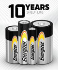 Four Energizer batteries with 10 years shelf life text, showcasing durability for various electronics and emergency gear.