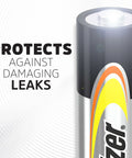 Close-up of an alkaline battery with text highlighting leak protection feature, promoting Alkaline Power AA Batteries 20 Count Pack For Remote, Mouse And Controllers.