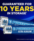 Two Powermax alkaline batteries AA and AAA with text highlighting 10-year shelf life, part of Alkaline Battery 24 Count Pack 12 AA And 12 AAA Reclosable Packaging.