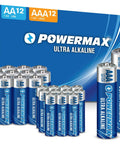 Alkaline Battery 24 Count Pack 12 AA And 12 AAA Reclosable Packaging featuring Powermax ultra batteries with box