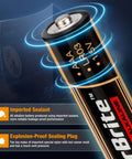 Close-up of AA alkaline battery with import seal text from Bulk 64 Pack AA and AAA Alkaline Batteries for Home Office and Emergency Kits