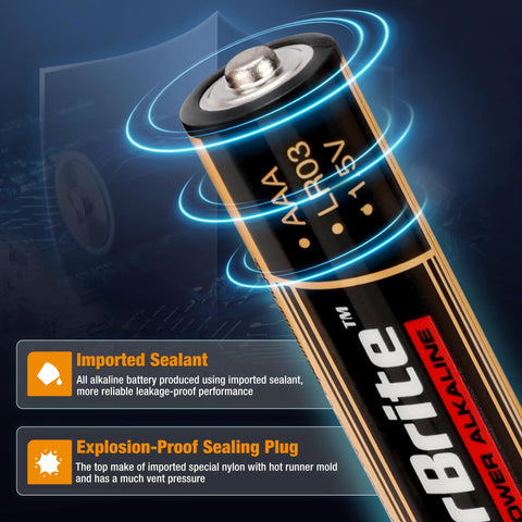 Close-up of AA alkaline battery with import seal text from Bulk 64 Pack AA and AAA Alkaline Batteries for Home Office and Emergency Kits
