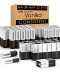 Alkaline Battery Combo Pack With 24 AA 24 AAA And 8 9V For Household Electronics, featuring various battery sizes in packaging.