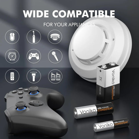 Alkaline Battery Combo Pack With 24 AA 24 AAA And 8 9V For Household Electronics shown with gaming controller and smoke detector.