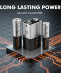 Alkaline Battery Combo Pack With 24 AA 24 AAA And 8 9V shown with 'Long Lasting Power' text on a digital circuit board background.