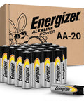 Alkaline Power AA Batteries 20 Count Pack For Remote, Mouse And Controllers next to branded packaging box.