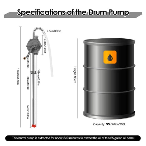 MEKOTRIN 55 Gallon Drum Pump, 7GPM All Aluminum Hand Oil Pump with specifications for 15 to 55 Gal drums and barrels