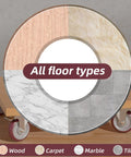 All floor types including wood, carpet, marble, and tile with heavy duty casters in the background.