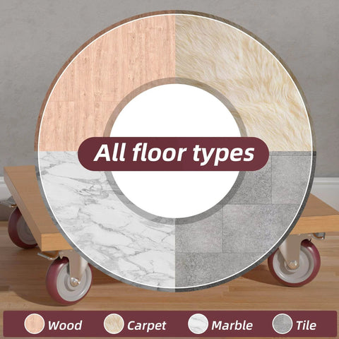 All floor types including wood, carpet, marble, and tile with heavy duty casters in the background.