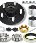 All-in-One 5 Bolt Trailer Hub Kit For 3500 Lb Axles With 4.5 Inch Hubs And 84 Spindle Includes Bearings Extra Dust Caps