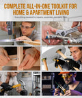 Collage of using USB Rechargeable 8V Cordless Drill Set With Handy Lightweight Tool Kit for home repairs and DIY projects.