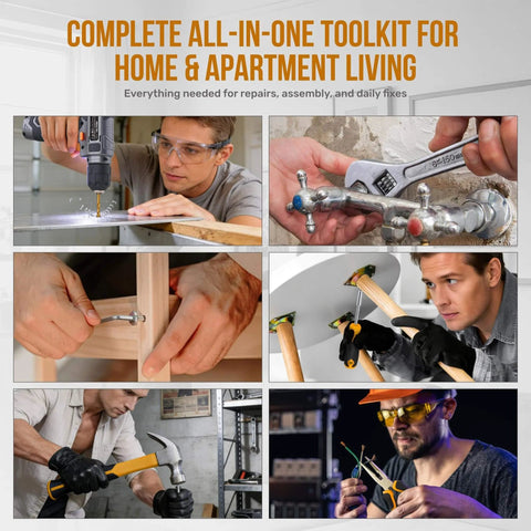 Collage of using USB Rechargeable 8V Cordless Drill Set With Handy Lightweight Tool Kit for home repairs and DIY projects.