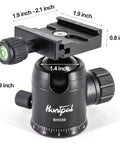All Metal 36mm Tripod Ball Head for Rifle Rests and Shooting Sticks showing measurements and Arca Swiss Quick Release Plate