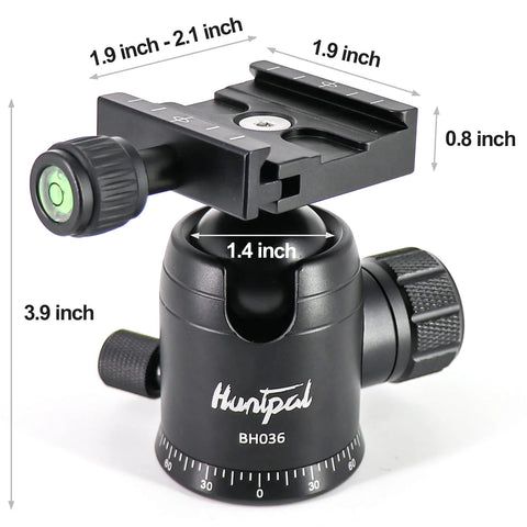 All Metal 36mm Tripod Ball Head for Rifle Rests and Shooting Sticks showing measurements and Arca Swiss Quick Release Plate