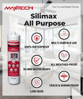 Silimax All Purpose Silicone Caulk cartridge showing waterproof and multi-surface use features in a room setting.