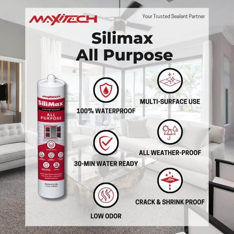 Silimax All Purpose Silicone Caulk cartridge showing waterproof and multi-surface use features in a room setting.