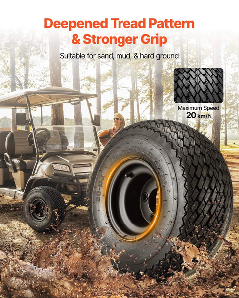 8 Inch Golf Cart Wheels and Tires Combo Set of 4 with 18x8.50-8 All Terrain Rubber Tires mounted on golf cart in mud
