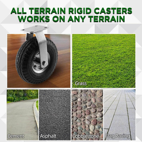 10 inch pneumatic rigid caster wheels in a 2 pack with all terrain rubber tires, zinc top plate design rated 600 lbs on various surfaces.