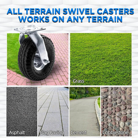 10 inch pneumatic swivel caster wheels in a 2 pack with air filled rubber tires, zinc top plate on various terrains.