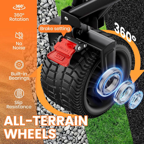 Close-up of heavy duty collapsible wagon cart with 570 pound capacity and big all terrain wheels for beach camping