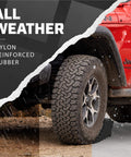 Side view of a red Jeep with 4 Pack Wheel Chocks For Cars, RVs, Trucks And Trailers Up To 8T GVW in place on a wet surface.