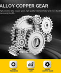 Alloy copper gears illustration demonstrating high precision and durability with bold text emphasizing key features in silver and yellow design.