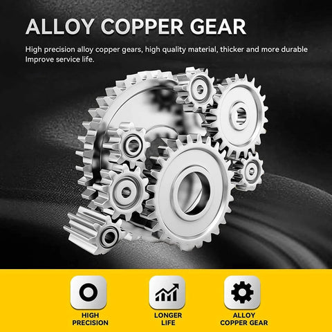 Alloy copper gears illustration demonstrating high precision and durability with bold text emphasizing key features in silver and yellow design.