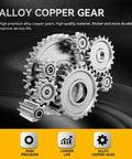 Alloy copper gears showcasing high precision and durability against a dark background with feature icons below.