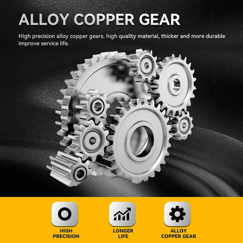 Alloy copper gears showcasing high precision and durability against a dark background with feature icons below.