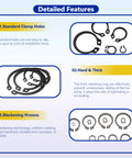 Detailed features of Premium Alloy Steel External Circlip Snap Ring Kit with 315 piece set showing standard clamp holes, hardness, and blackening process.