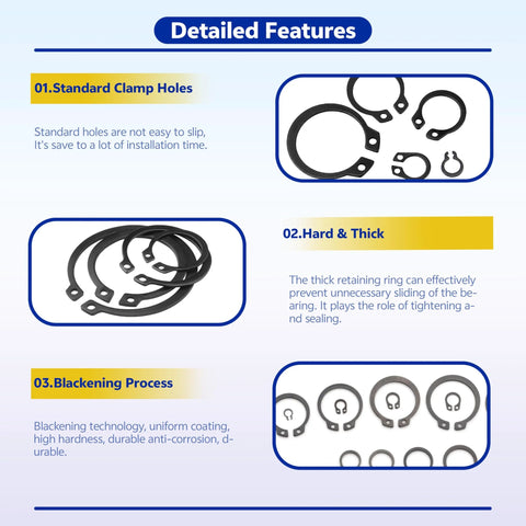 Detailed features of Premium Alloy Steel External Circlip Snap Ring Kit with 315 piece set showing standard clamp holes, hardness, and blackening process.