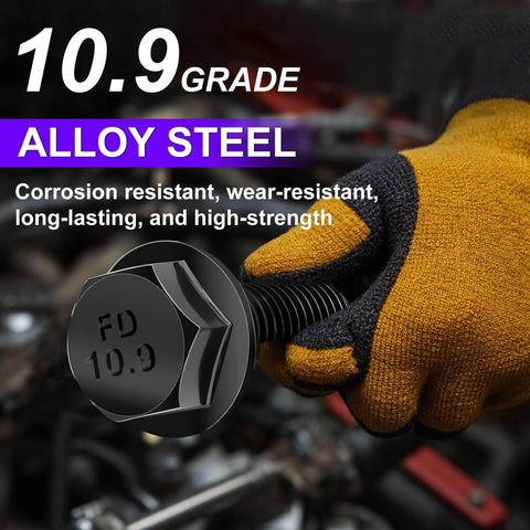 Mechanic holding 10.9 Grade black hex bolt from Metric Flange Bolt Set 400 Pcs, showcasing corrosion-resistant alloy steel material.