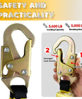 Close-up of alloy steel grab hooks from Fall Protection Safety Rope Kit 50 Ft Heavy Duty Vertical Roofing Rope With Shock Absorber