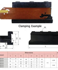 Diagram showing Beefy Alloy Steel Grooving And Parting Plate Holder For SPB Blades With 90 Degree Cutting Angle And Screw In Inserts, model SMBB1626 with dimensions and clamping example.