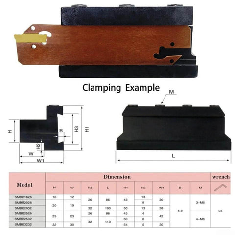 Diagram showing Beefy Alloy Steel Grooving And Parting Plate Holder For SPB Blades With 90 Degree Cutting Angle And Screw In Inserts, model SMBB1626 with dimensions and clamping example.