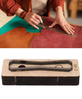 Durable Alloy Steel Leather Cutting Die Set For DIY Leather Craft Projects Suitable For Wallets Belts Cardboard Rubber And Plastic Precise Clean Edges Burr Free Cut Great Gift Idea For Mothers Day Fathers Day And Creative Hobbyists shown with leather cutting in progress.