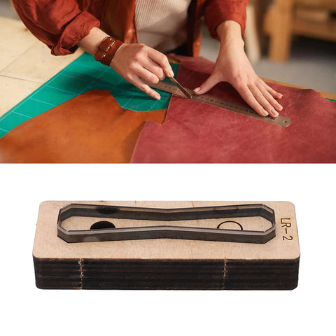 Durable Alloy Steel Leather Cutting Die Set For DIY Leather Craft Projects Suitable For Wallets Belts Cardboard Rubber And Plastic Precise Clean Edges Burr Free Cut Great Gift Idea For Mothers Day Fathers Day And Creative Hobbyists shown with leather cutting in progress.