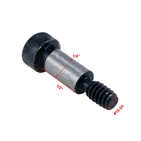 Close-up of S SYDIEN alloy steel shoulder bolt with 1/4 inch diameter, 1/2 inch length, and #10-24 UNC thread for machines and DIY projects.