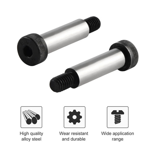 Six Piece Beefy Heavy Duty Alloy Steel Shoulder Bolt Set One Quarter Inch Shoulder Diameter And Three Quarter Inch Shoulder Length With Three Sixteenths Twenty Four UNC Thread Hex Socket Head Screws For Machinery, Automotive, Furniture, And DIY Projects shown in close-up view.