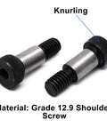 Two alloy steel shoulder bolts, side view; 1/4 in shoulder dia, 1/2 in shoulder length, 10-24 UNC, knurled heads