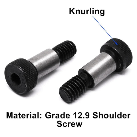 Two alloy steel shoulder bolts, side view; 1/4 in shoulder dia, 1/2 in shoulder length, 10-24 UNC, knurled heads