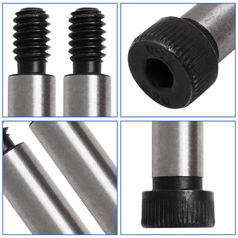 Front view of 6-piece alloy steel hex-socket shoulder screws with threaded ends
Close-up of black knurled shoulder bolt end with hex socket bore
Side view of alloy steel shoulder bolts showing smooth cylindrical shafts
Installed view of shoulder bolt with smooth shaft and knurled black end seated in a hole