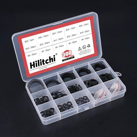 Alloy Steel External Snap Ring Assortment Kit, 300-Piece in transparent storage box, 15-Size Set From 4mm To 28mm, for machinery and DIY.