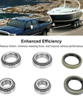 Alloy Trailer Wheel Hub Bearings Kit For 1-1/16 Inch Axles, 10 Pieces Including Inner Cone L68149 And Cup L68110, Outer Cone LM12749 And Cup LM12710, Plus Seals, with boat trailer in background.