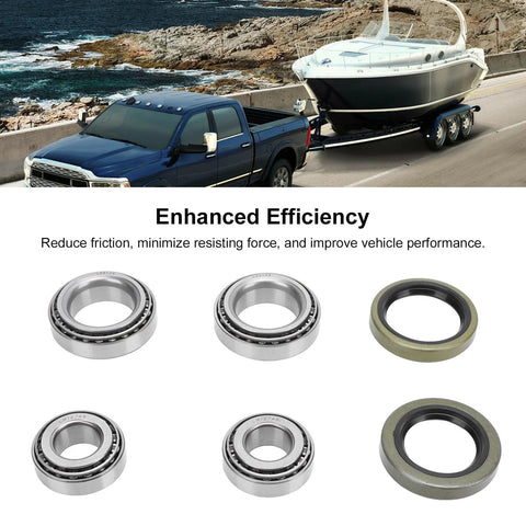 Alloy Trailer Wheel Hub Bearings Kit For 1-1/16 Inch Axles, 10 Pieces Including Inner Cone L68149 And Cup L68110, Outer Cone LM12749 And Cup LM12710, Plus Seals, with boat trailer in background.