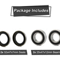 Front Wheel Bearing Kit Alloy Steel Sealed Bearings For Kawasaki H2 H2R ZX10R ZX6R ZX14R Z1000 KLZ1000 KLE1000 with 25x47x12mm bearings, 32x47x7mm seals.