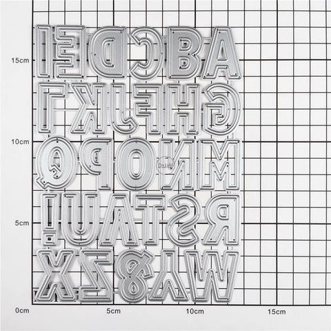 English Alphabet 26 Letter Metal Cutting Dies Set For Card Making And Scrapbooking Embossing Die Cuts displayed on grid paper