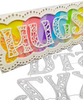 Colorful card made with 26 Piece Alphabet Letter Metal Cutting Dies For Scrapbooking, showing 'HUGS' in ornate letters, 5 cm tall.